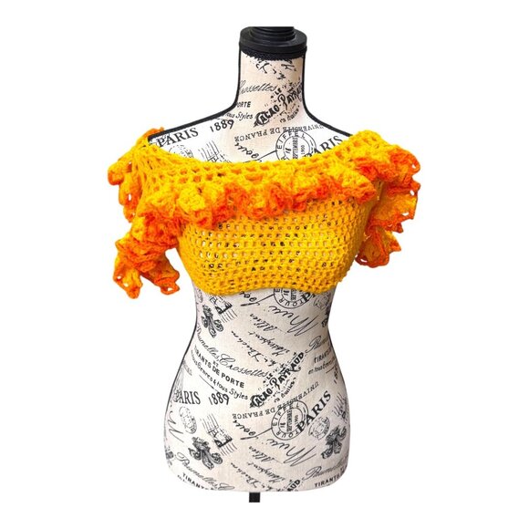 Handmade Crochet Ruffle Crop Top In Yellow & Orange XXS Boho Hippie Y2K Grunge - Picture 1 of 4
